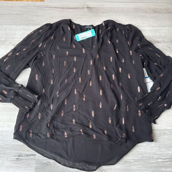 1. State smocked sleeve V-neck foil blouse, black size XL stitch fix nwt - Picture 4 of 5